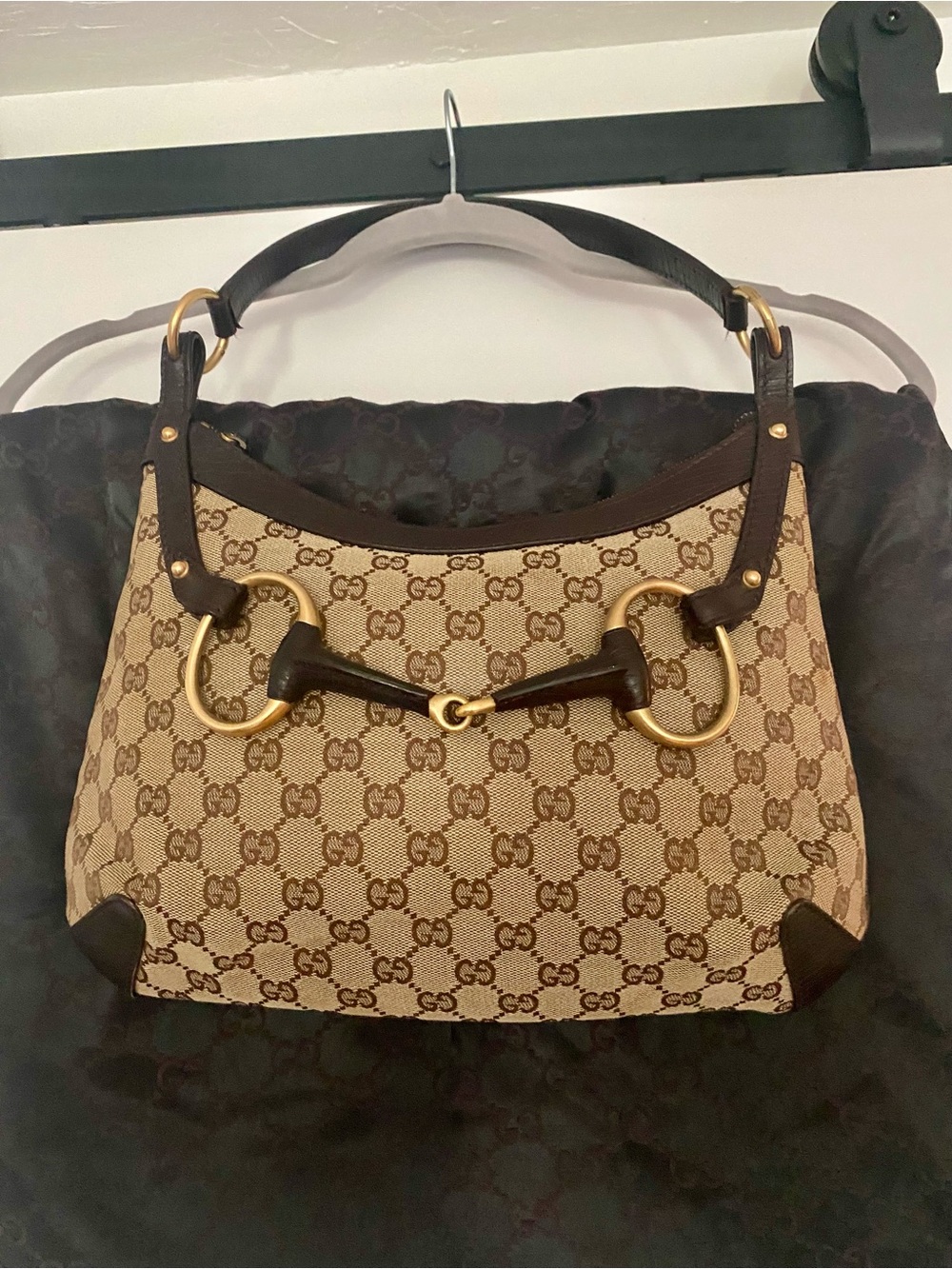 Gucci Beige GG Canvas Shoulder Bag with Dark Brown Trim and Gold Hardware - Picture 3 of 17